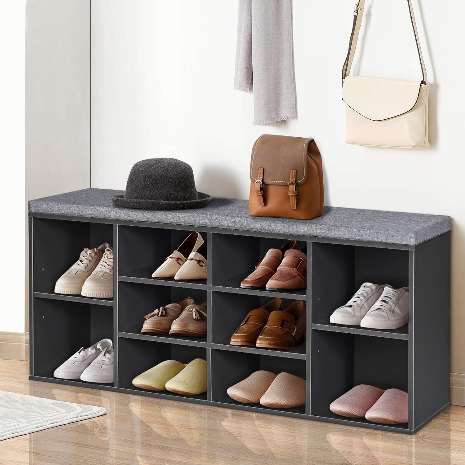 Modern Shoe Storage Bench with Cushion & Adjustable Shelves 104x30x48cm