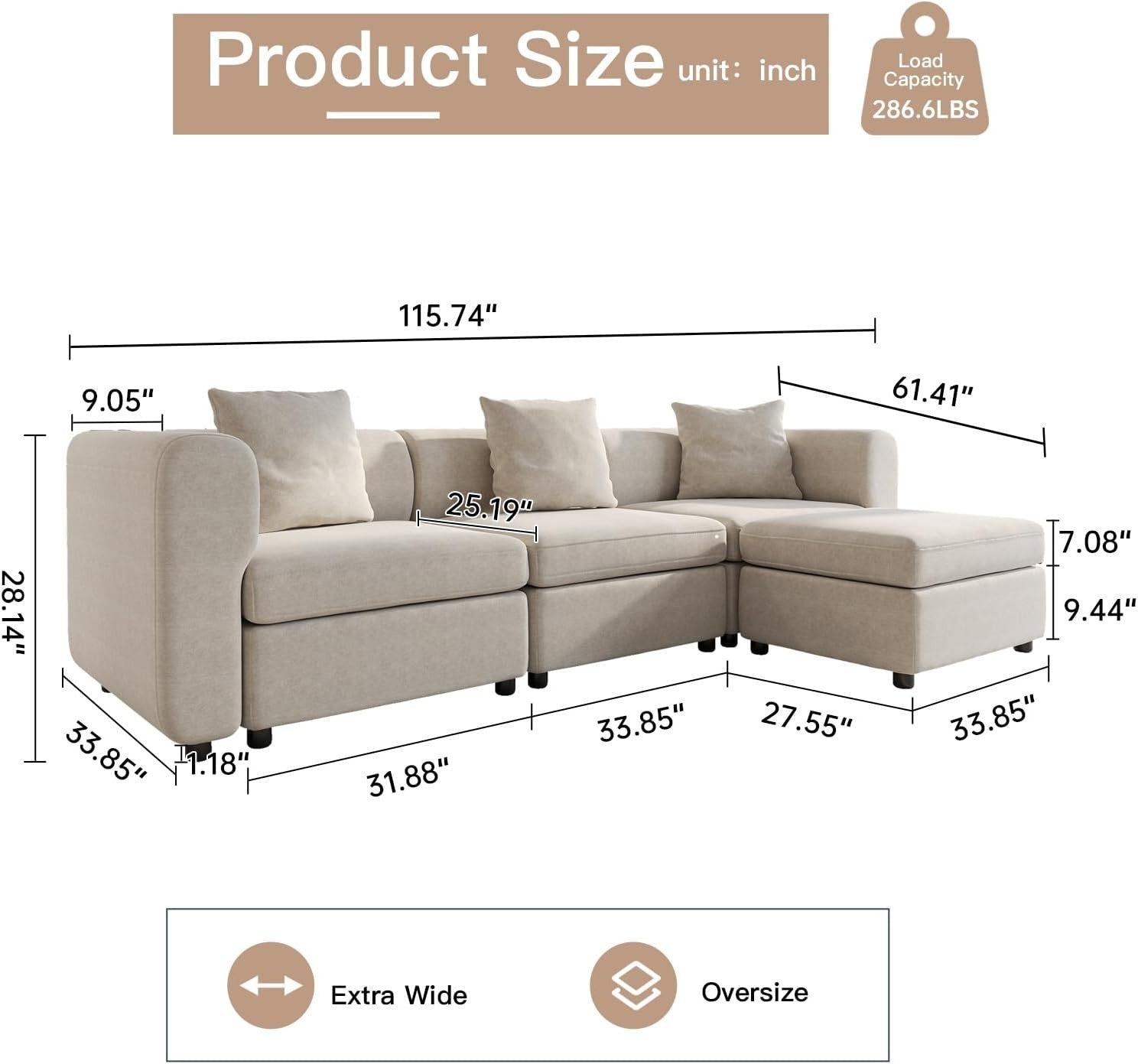Oversized 4-Seater L-Shape Sectional Sofa Modular Ottoman Convertible Couch