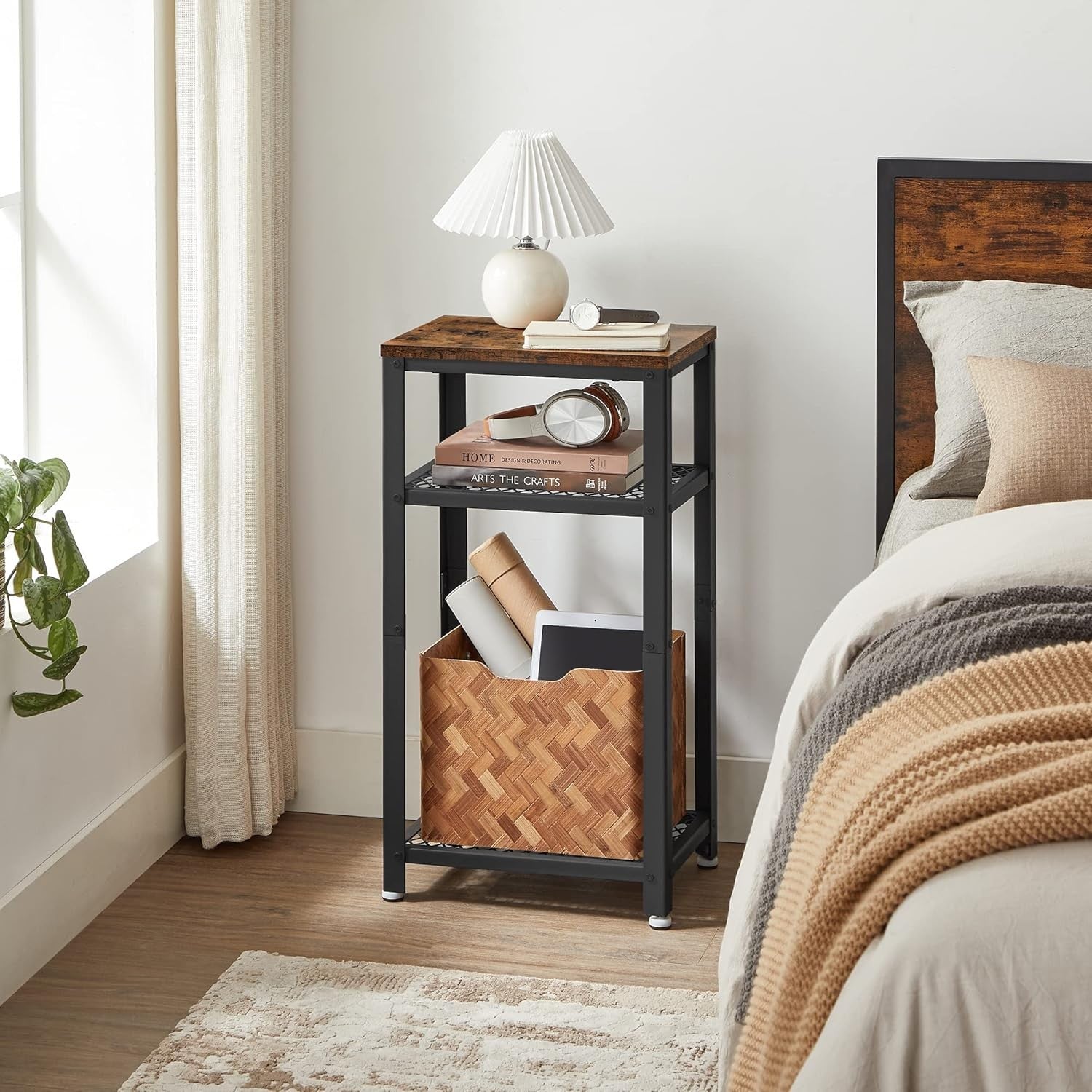Tall Rustic Side Table with 2 Mesh Shelves, Industrial Bedside or Sofa End Stand
