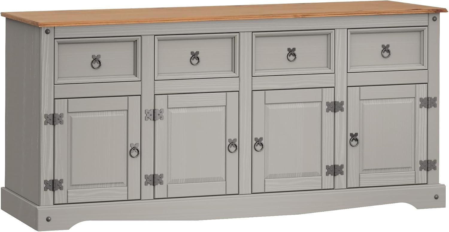 Shabby Chic Grey Pine Sideboard 4 Door 4 Drawer Storage Cabinet Crockery Unit