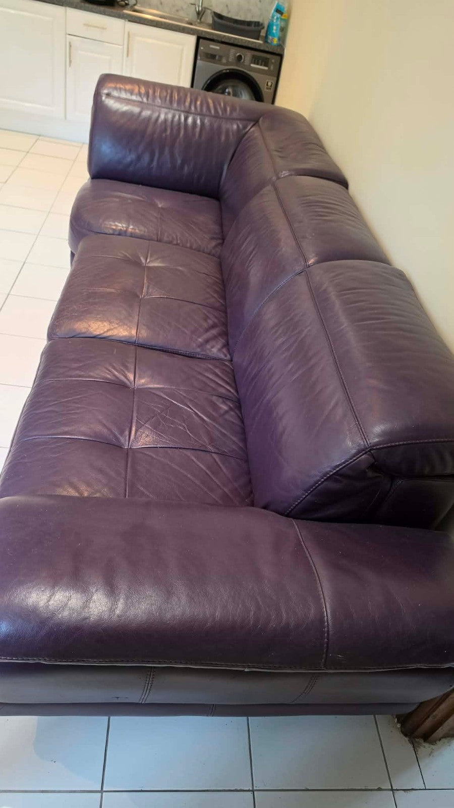Large Purple Leather Corner Sofa + Footstool (PTP)