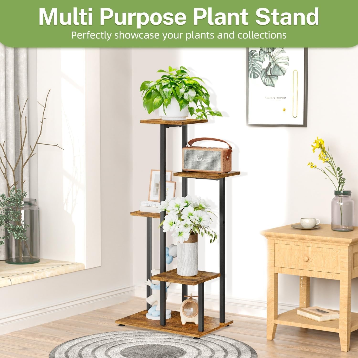5-Tier Metal & Wood Plant Stand | Tall Corner Indoor Outdoor Shelf Display