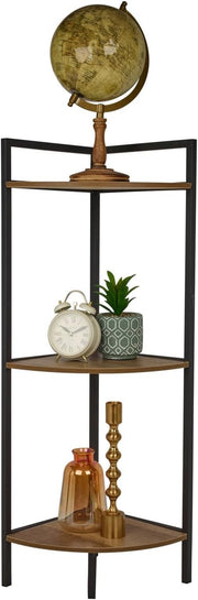 Rustic 3-Tier Corner Shelf Unit – Space Saving Metal & Wood Display Stand