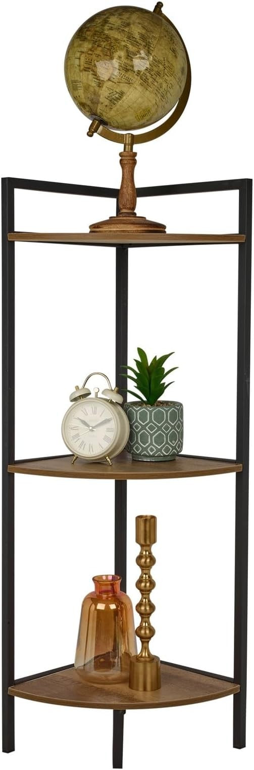Rustic 3-Tier Corner Shelf Unit – Space Saving Metal & Wood Display Stand