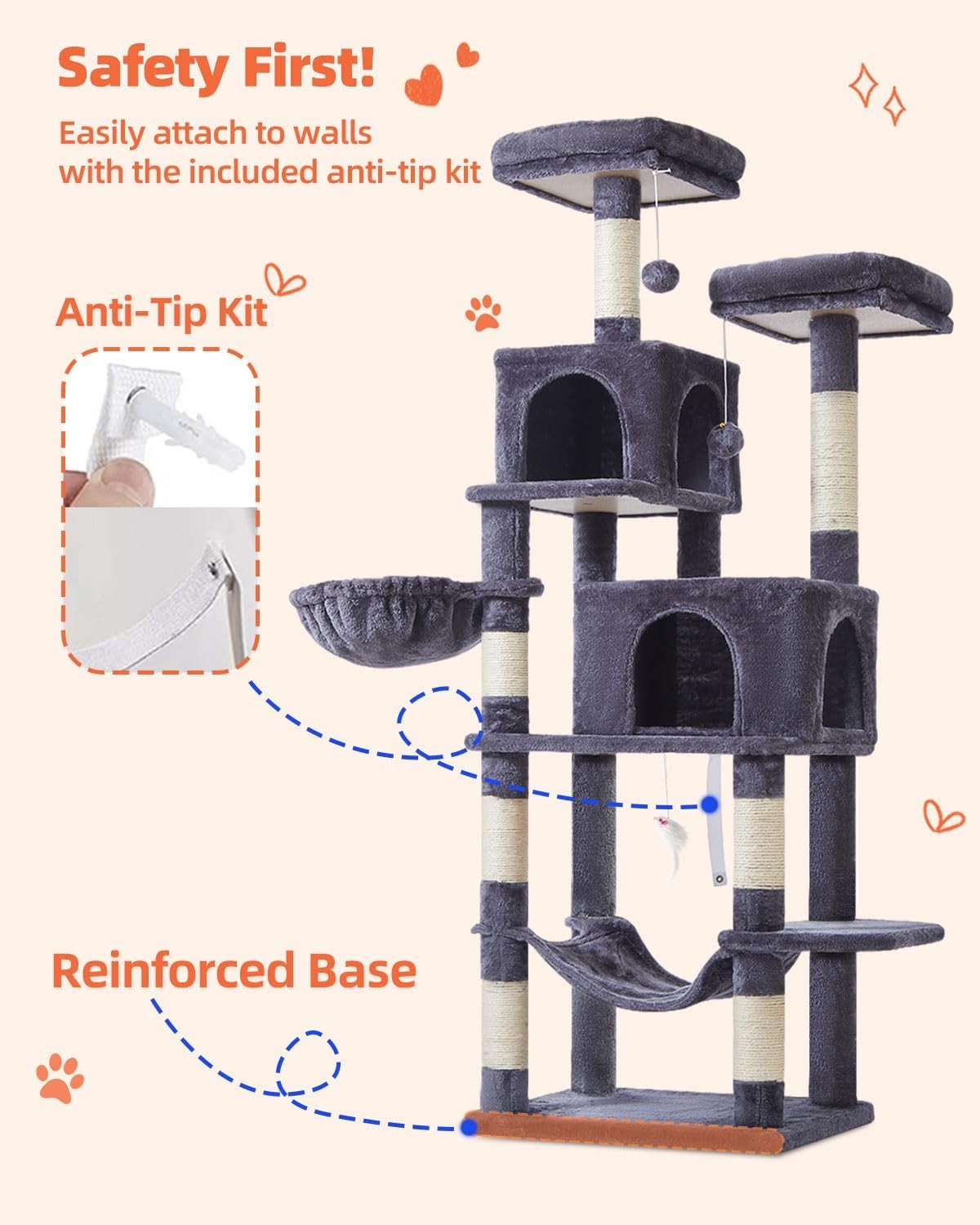 Large Cat Tree Tower 170cm Multi Level Scratching Posts Condos Hammock