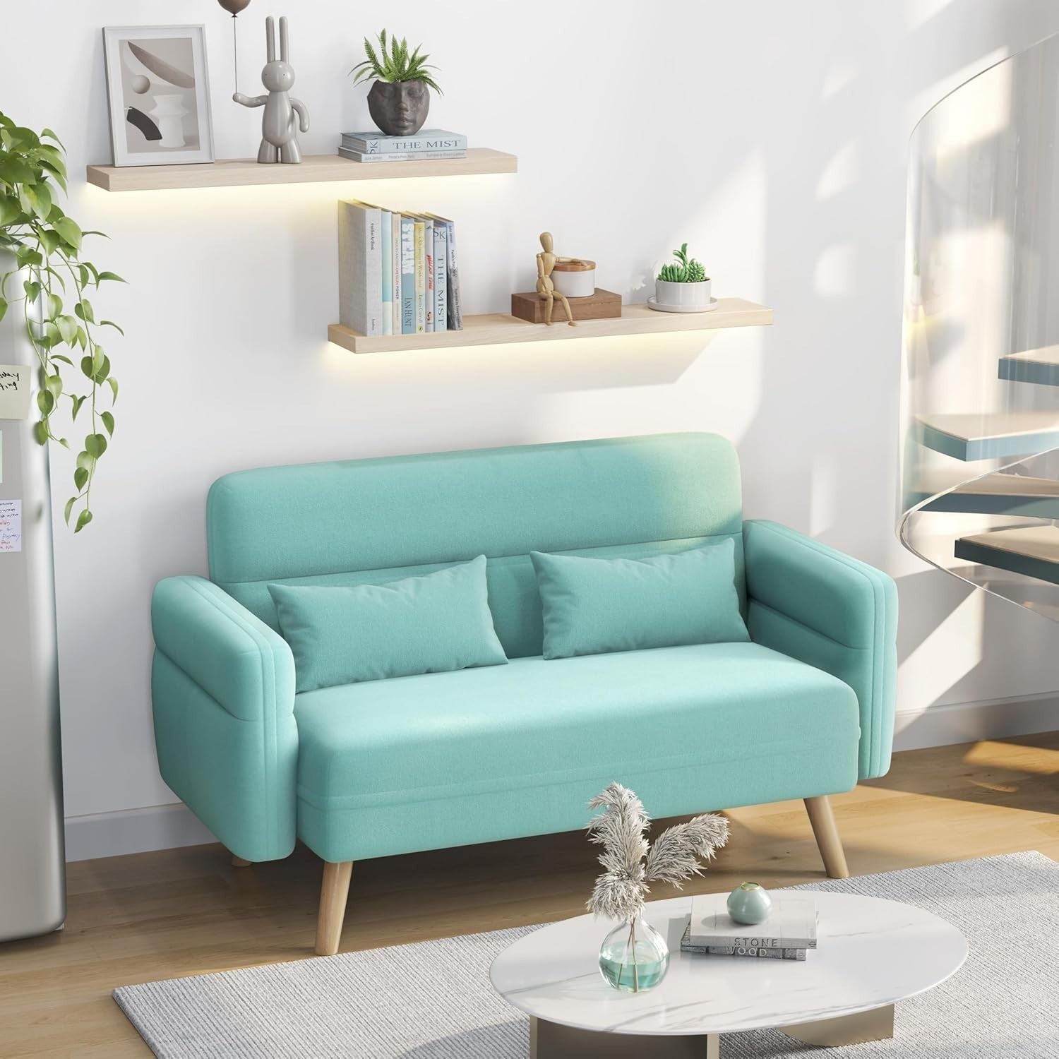 Aquamarine 2 Seater Sofa Small Couch Compact Mid Century Settee for Flats