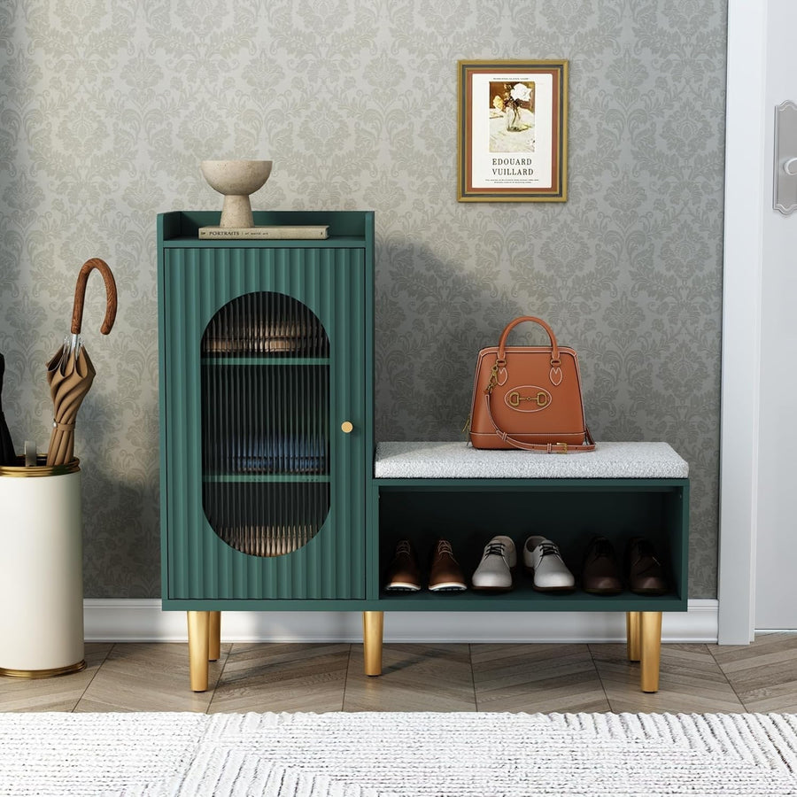 Green Shoe Storage Bench with Cushion & Glass Door Cabinet 100x29.5x91.5cm