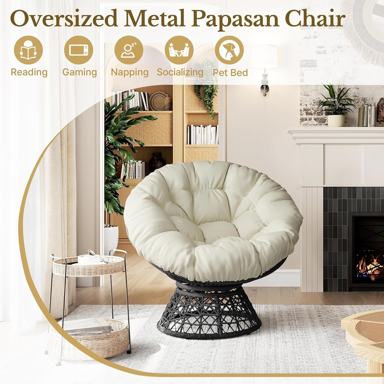 Beige Papasan Moon Chair Oversized Round Swivel Lounge Chair with Plush Cushion