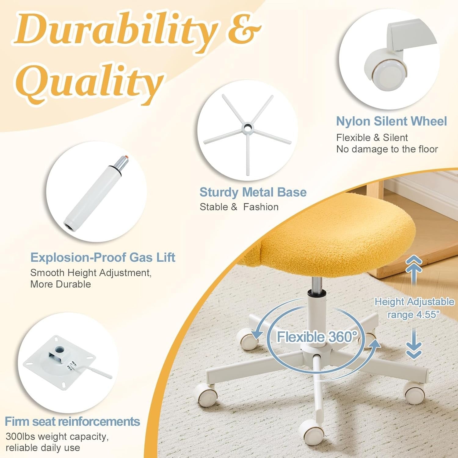 Cute Teddy Fleece Swivel Desk Chair – Adjustable Comfy Small Office Chair Yellow