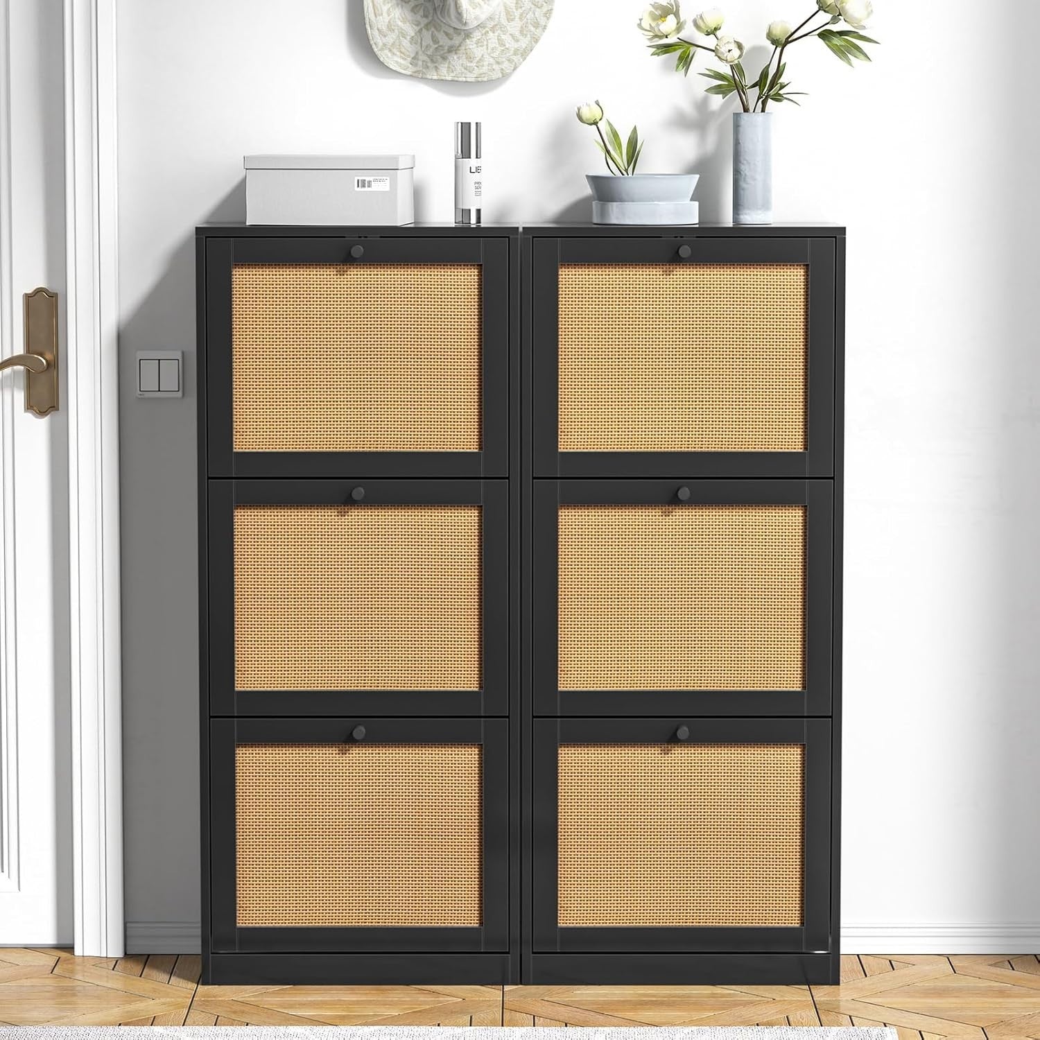 Rattan Shoe Cabinet 3 Flip Drawer Storage Cupboard Adjustable Shelves 51x122cm