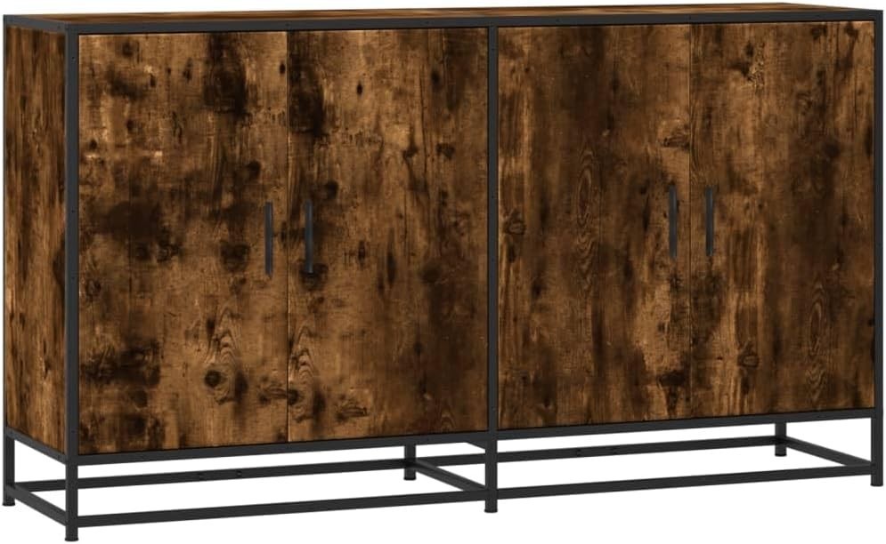 Industrial Sideboard Storage Cabinet Smoked Oak Metal Frame 4 Door Unit