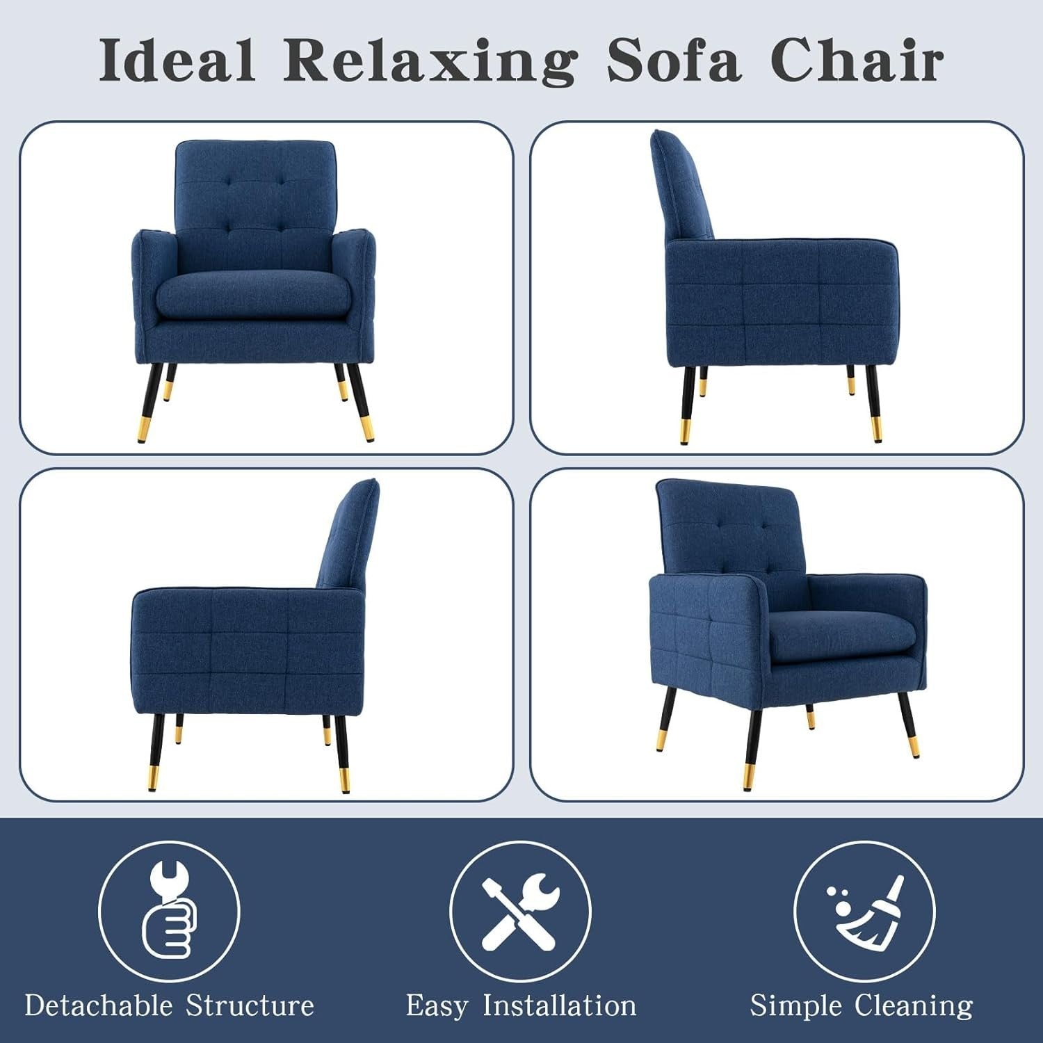 Comfy Blue Linen Accent Chair, Modern Tufted Sofa Chair with Metal Legs