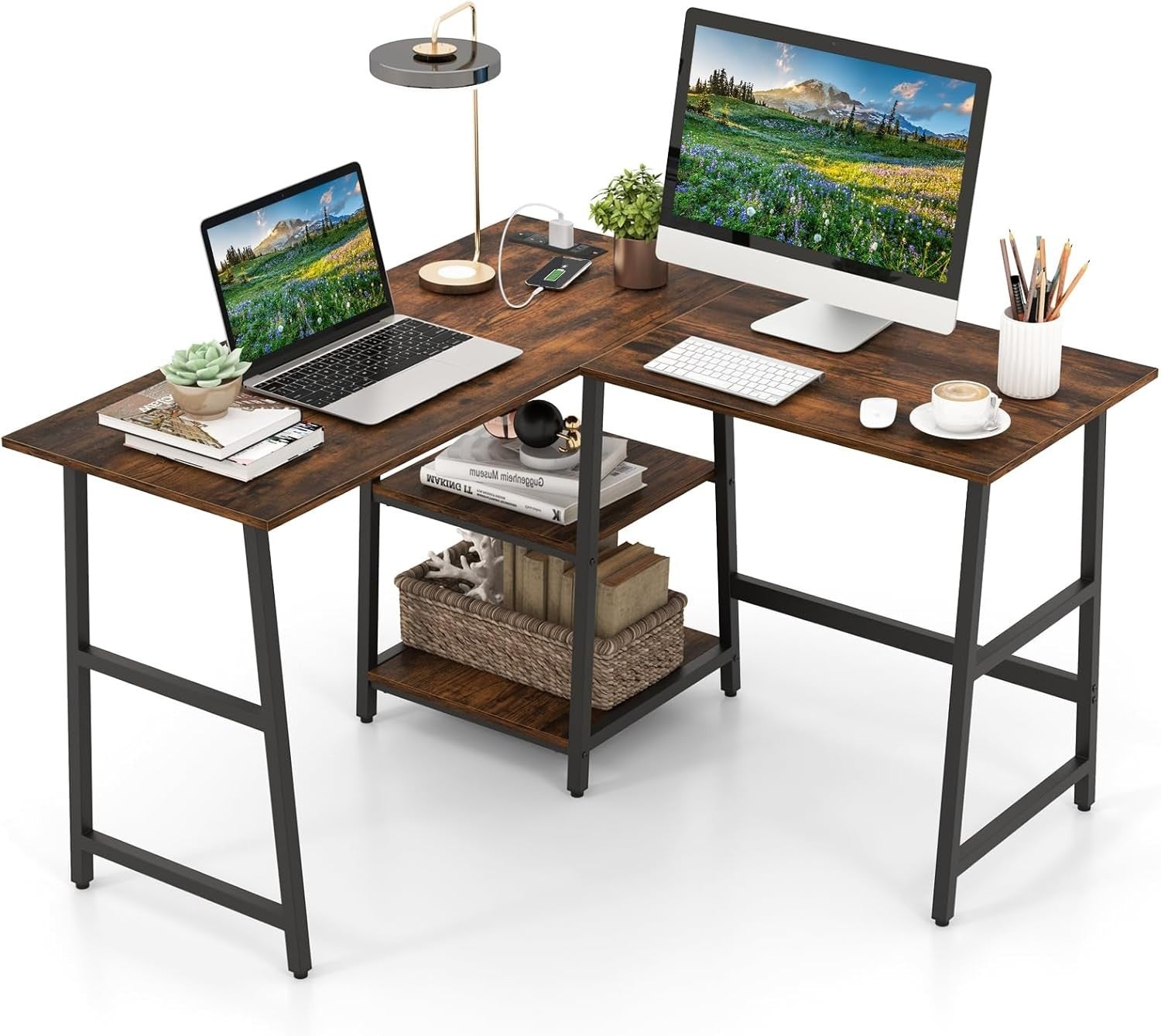 Rustic Brown L-Shaped Computer Desk 120cm Corner Workstation with Shelves