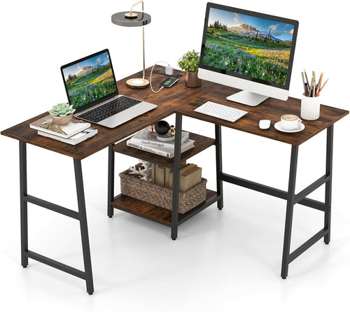 Rustic Brown L-Shaped Computer Desk 120cm Corner Workstation with Shelves