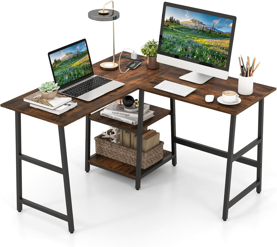 Rustic Brown L-Shaped Computer Desk 120cm Corner Workstation with Shelves