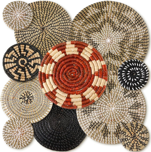11PCS Boho Woven Wall Baskets Bulrush Farmhouse Decor Clr Dark