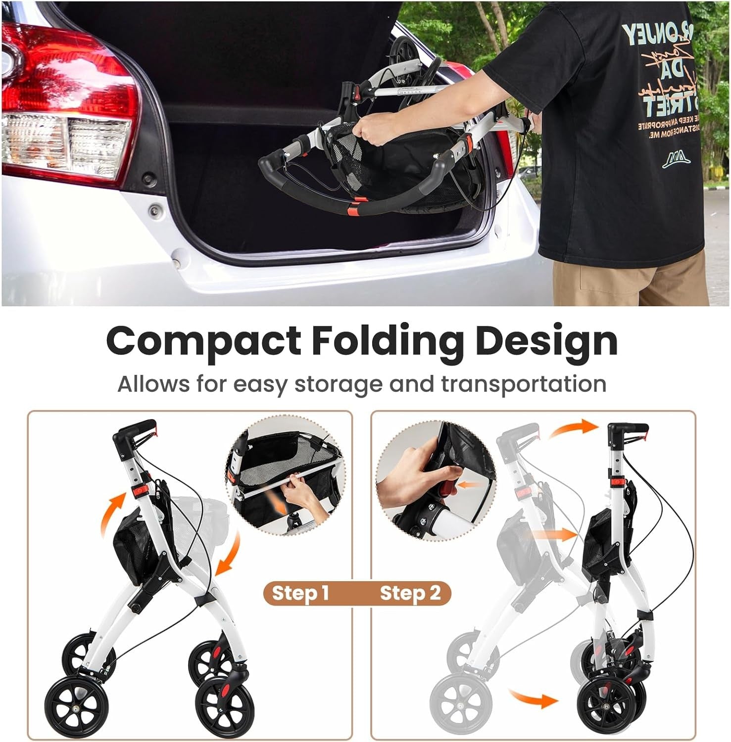 4 Wheel Rollator Walker Lightweight Folding Mobility Aid with Brakes & Tray