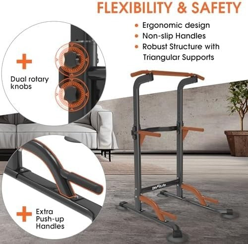 Power Tower Dip Station Black with Pull-Up & Multi-Function Trainer