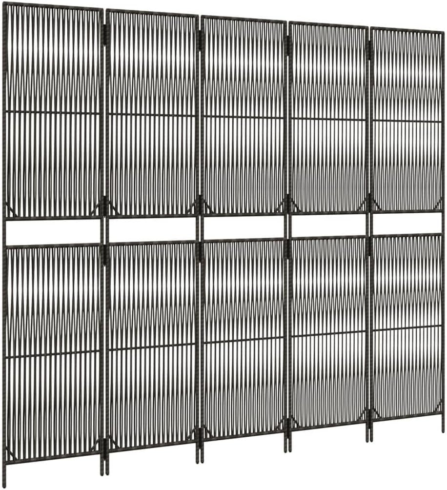 5 Panel Grey Rattan Folding Room Divider – Indoor Outdoor Privacy Screen 180cm F