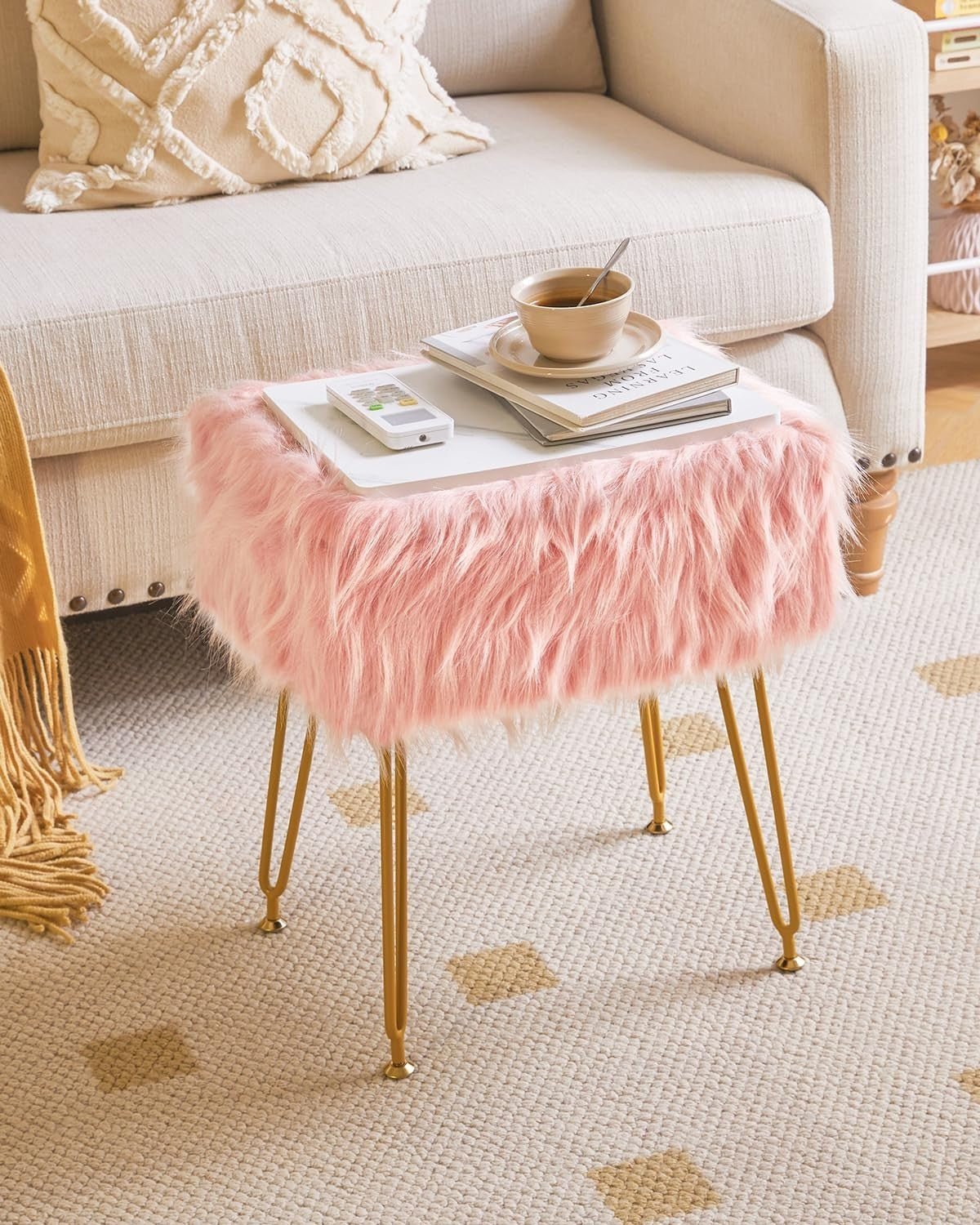 Pink Rectangular Faux Fur Vanity Stool with Storage and Gold Metal Legs