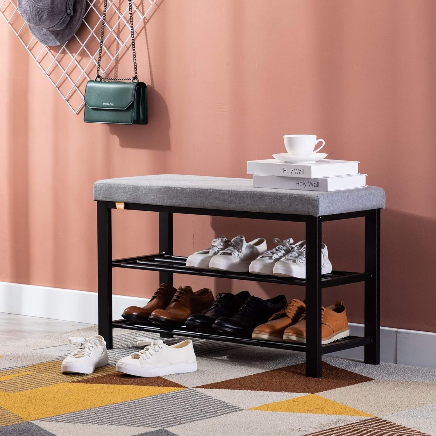 Light Grey Linen Shoe Storage Bench – 3-Tier Hallway Seat & Shoe Rack