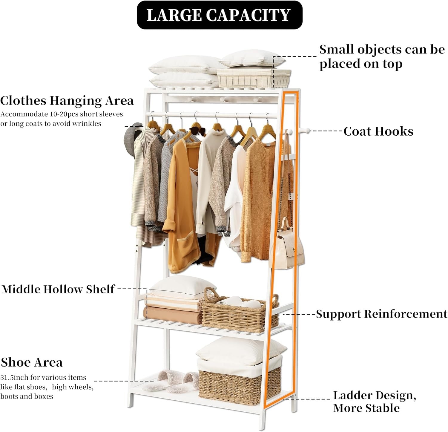 Bamboo Clothes Rail Rack with Shelves & Hooks, White Wardrobe
