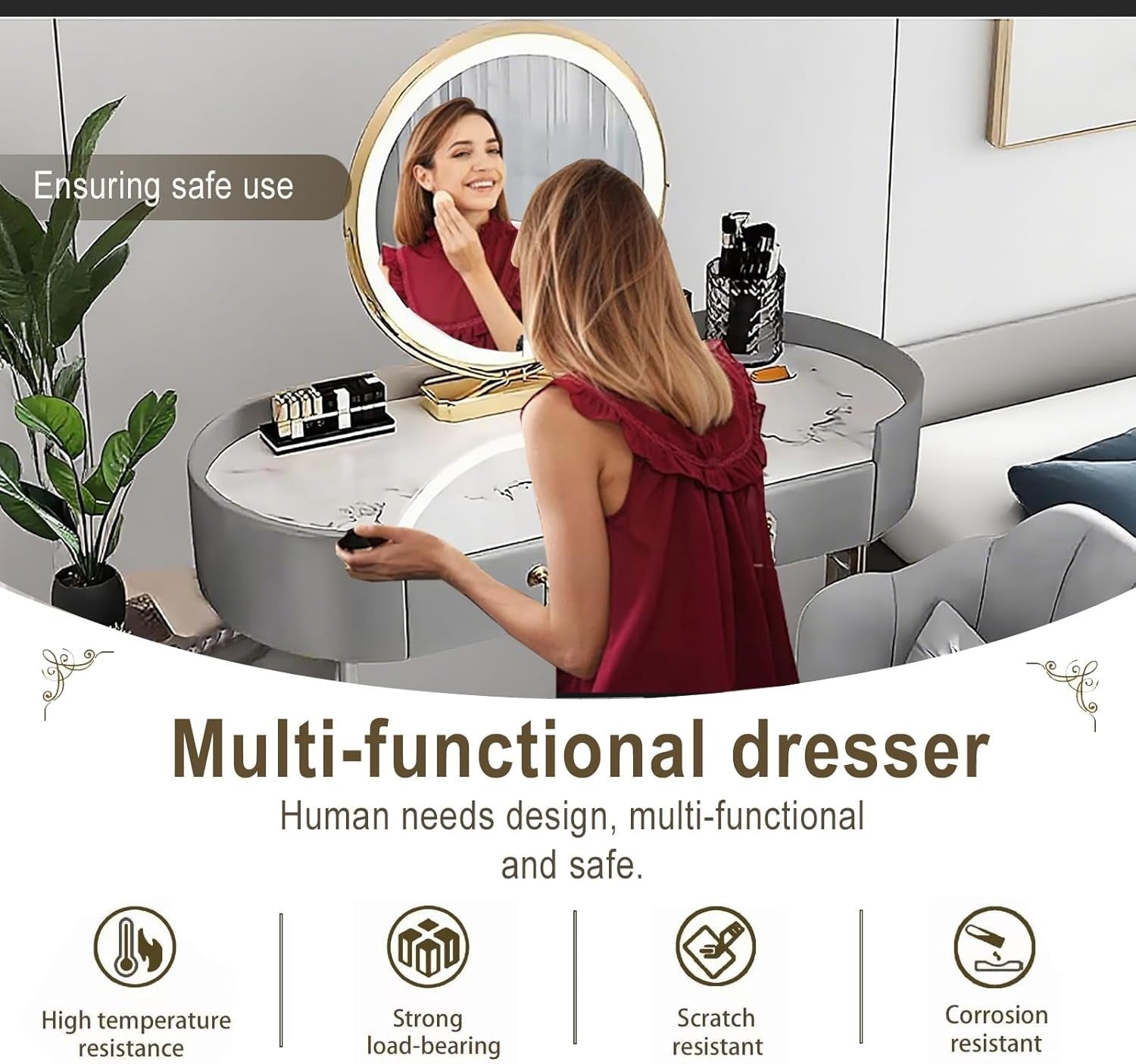 Grey Dressing Table Vanity Set with LED Mirror 5 Drawers Stool Modern Wood Desk