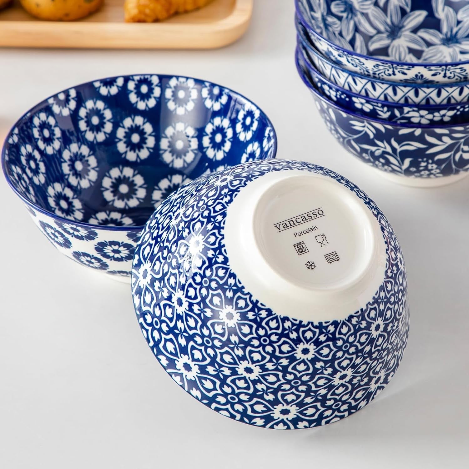 Set of 6 Vintage Blue White Ceramic Bowls 24oz Salad Cereal Pasta