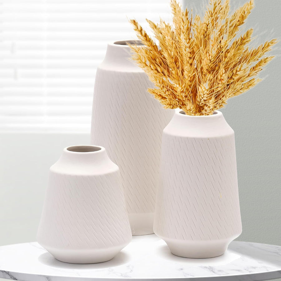Ceramic Vase Set of 3 White Textured Flower Vases Modern Boho Decor