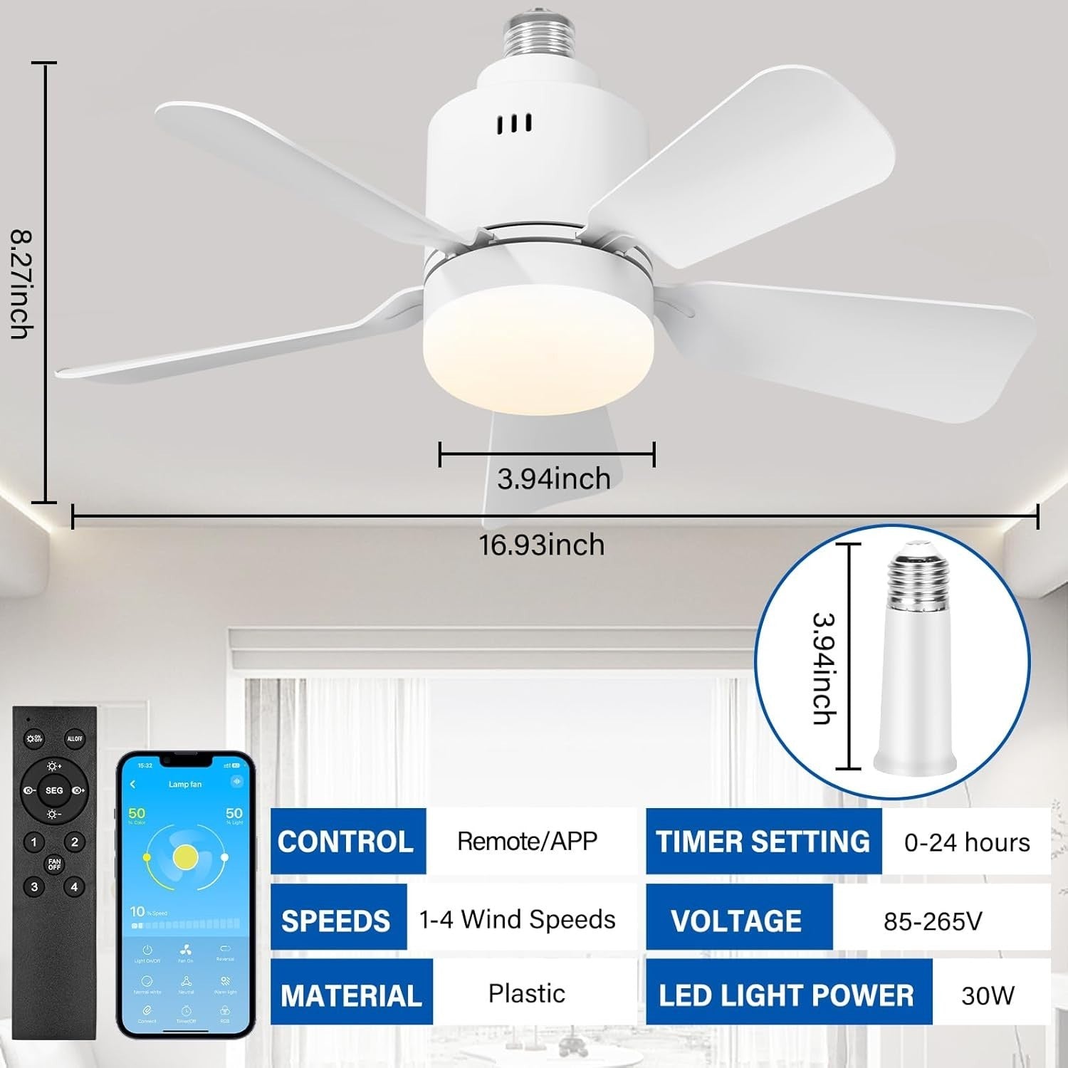Ceiling Fan Light, Dimmable E26/E27, 5 Blades, 3 Colors, Remote & App Control