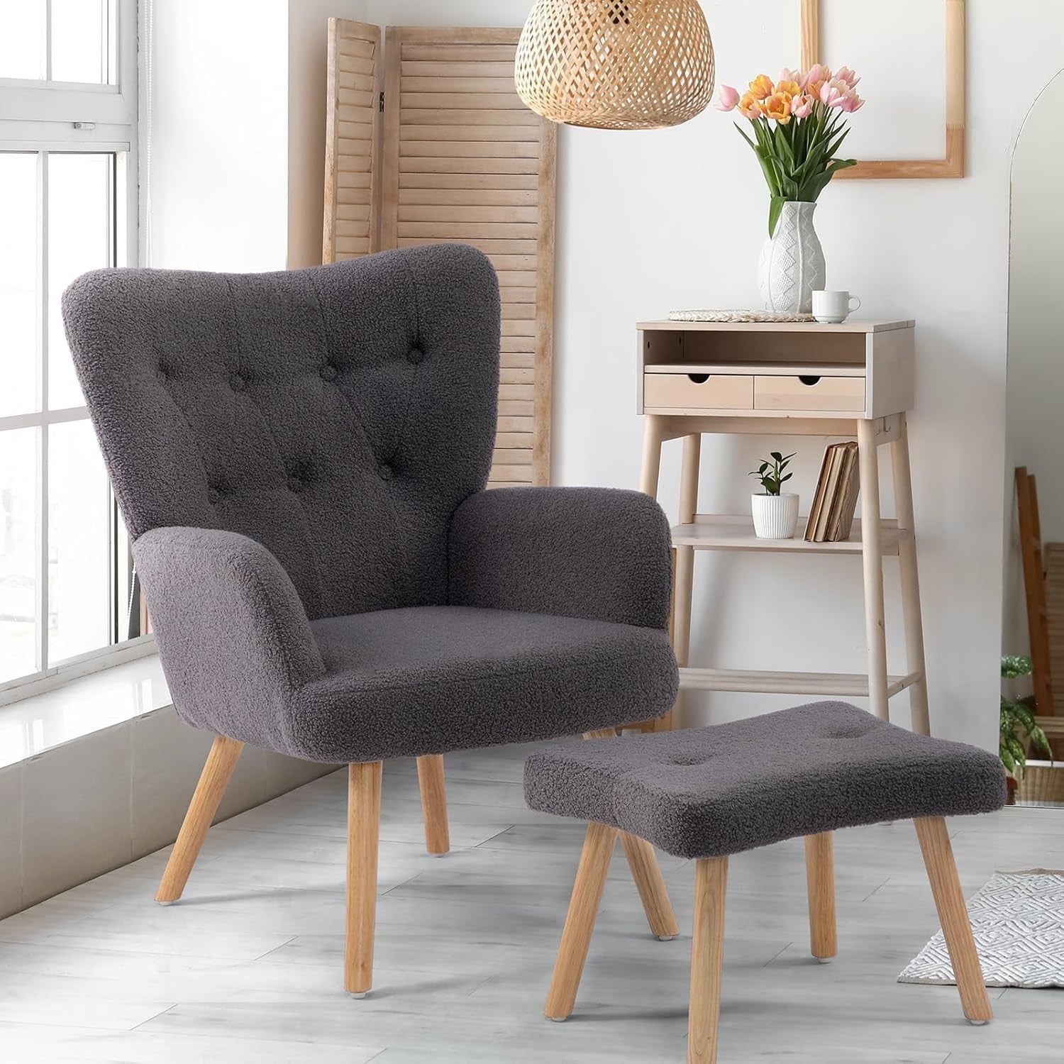 Grey Velvet Armchair with Footstool, Comfy Reading Lounge Chair Set