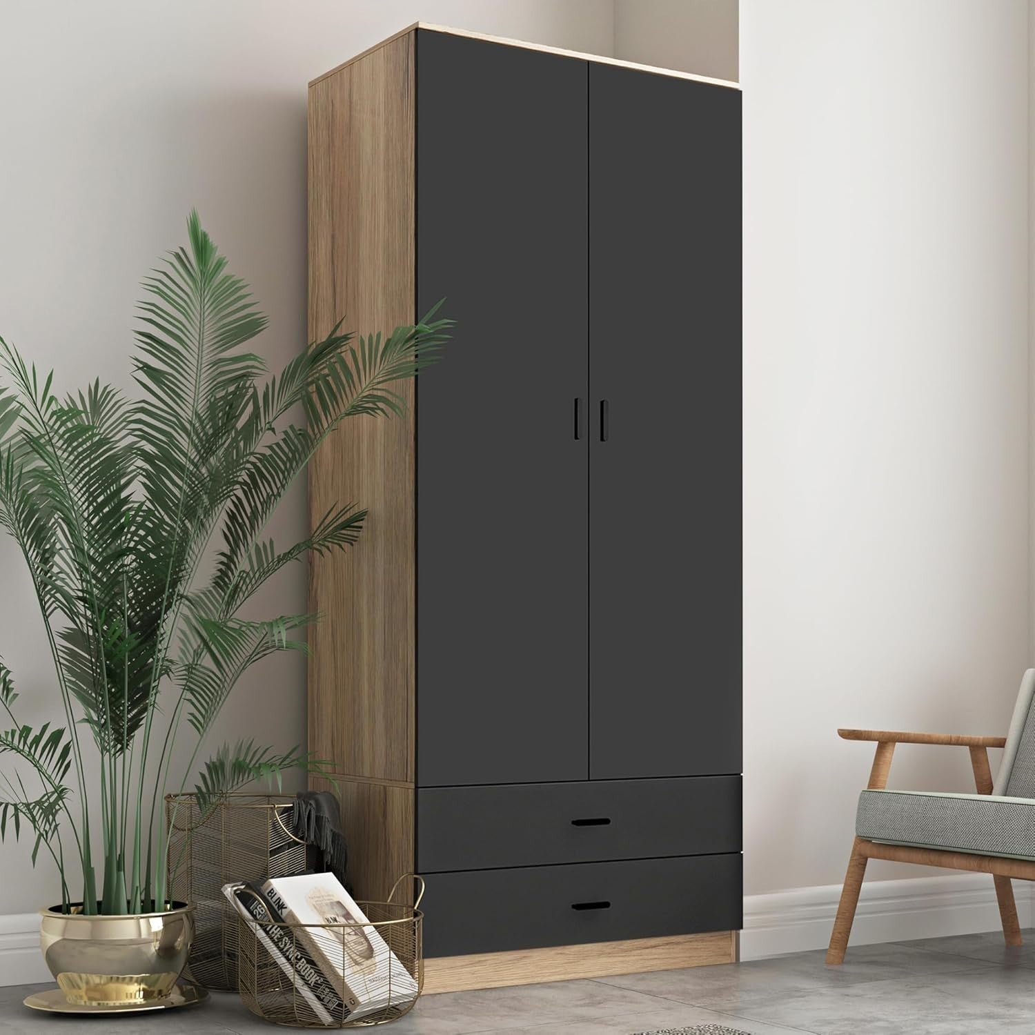 Tall Oak 2 Door Wardrobe Black Drawers | Modern Bedroom Clothes Storage