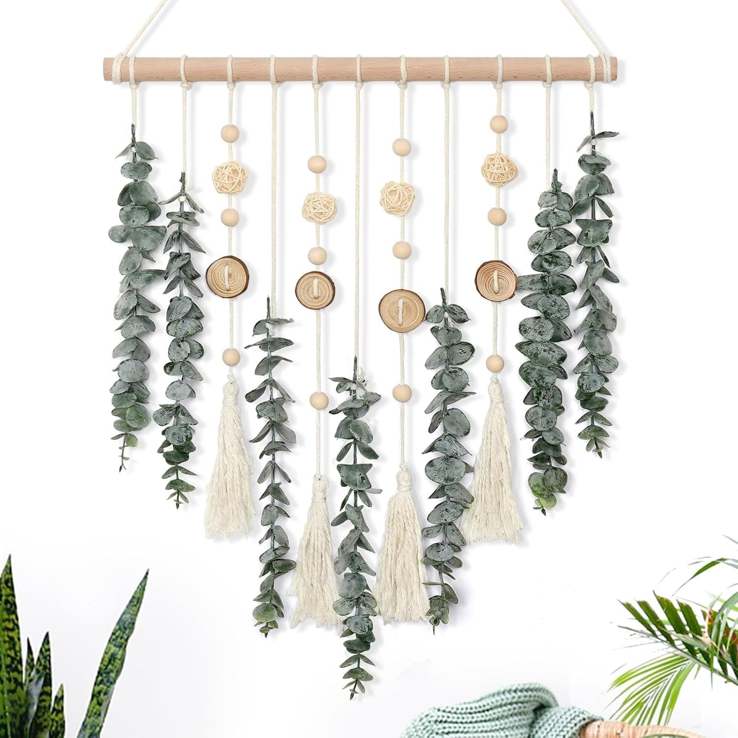 Green Artificial Eucalyptus Macrame Wall Hanging Boho Decor 42x55cm