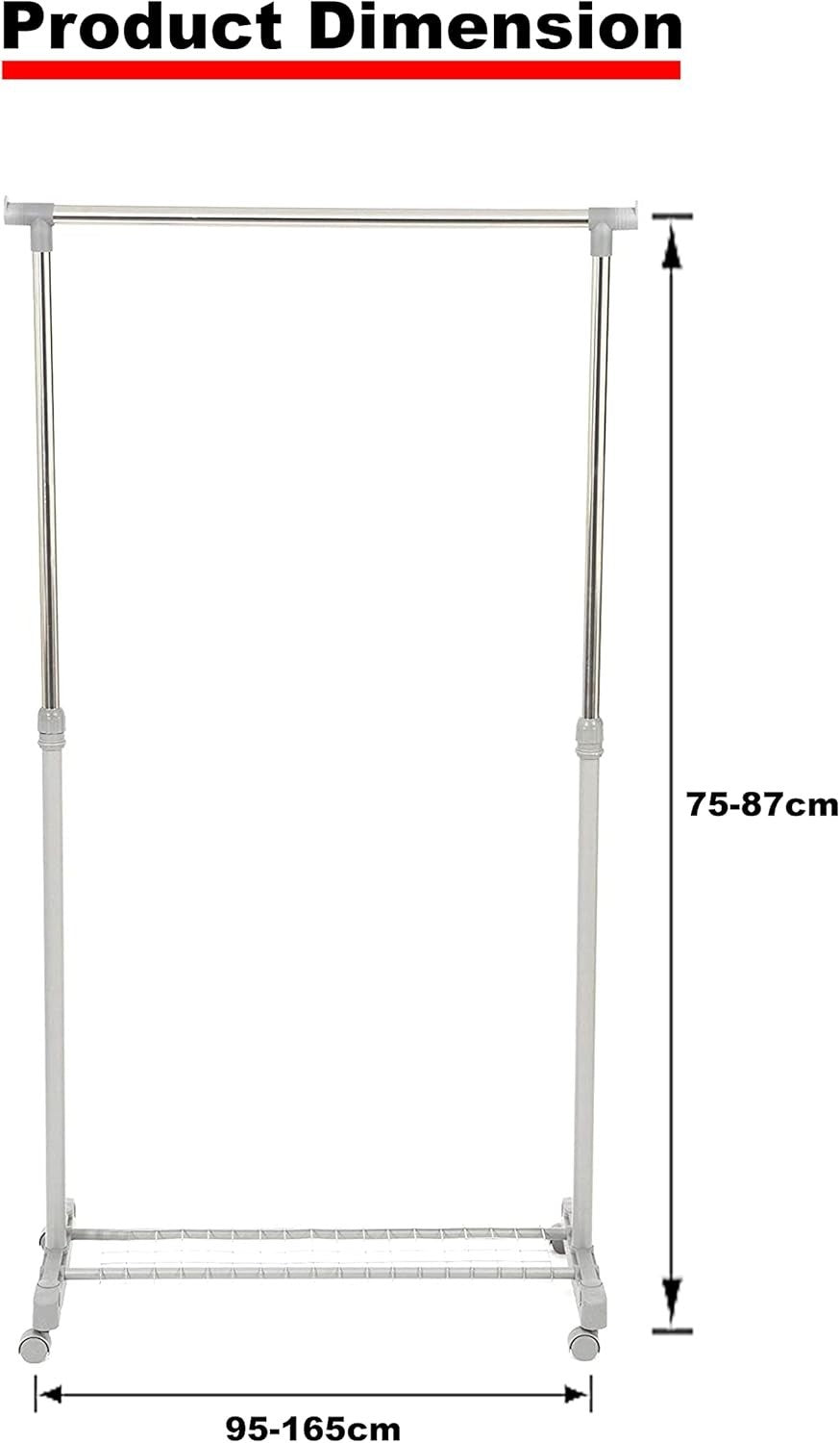 White & Chrome Adjustable Steel Clothes Rail with Wheels