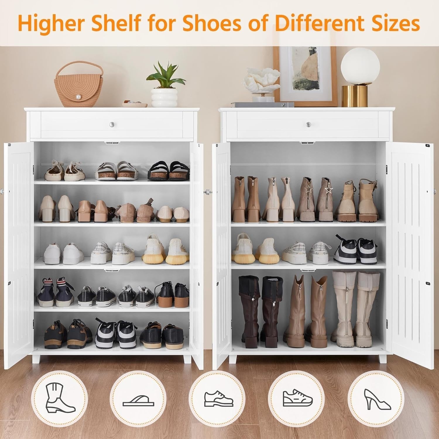 5-Tier Shoe Cabinet White with Drawer – Adjustable Shelves, Modern Storage