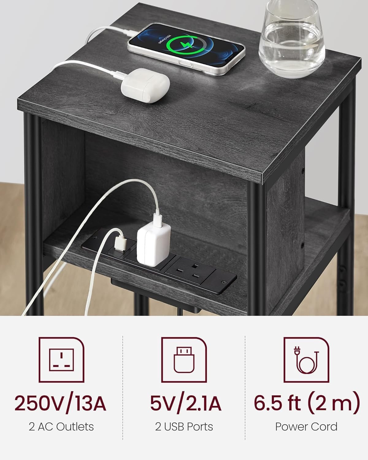 Slim Bedside Table with USB & Plug Sockets, 3-Tier 30x34x58cm Storage