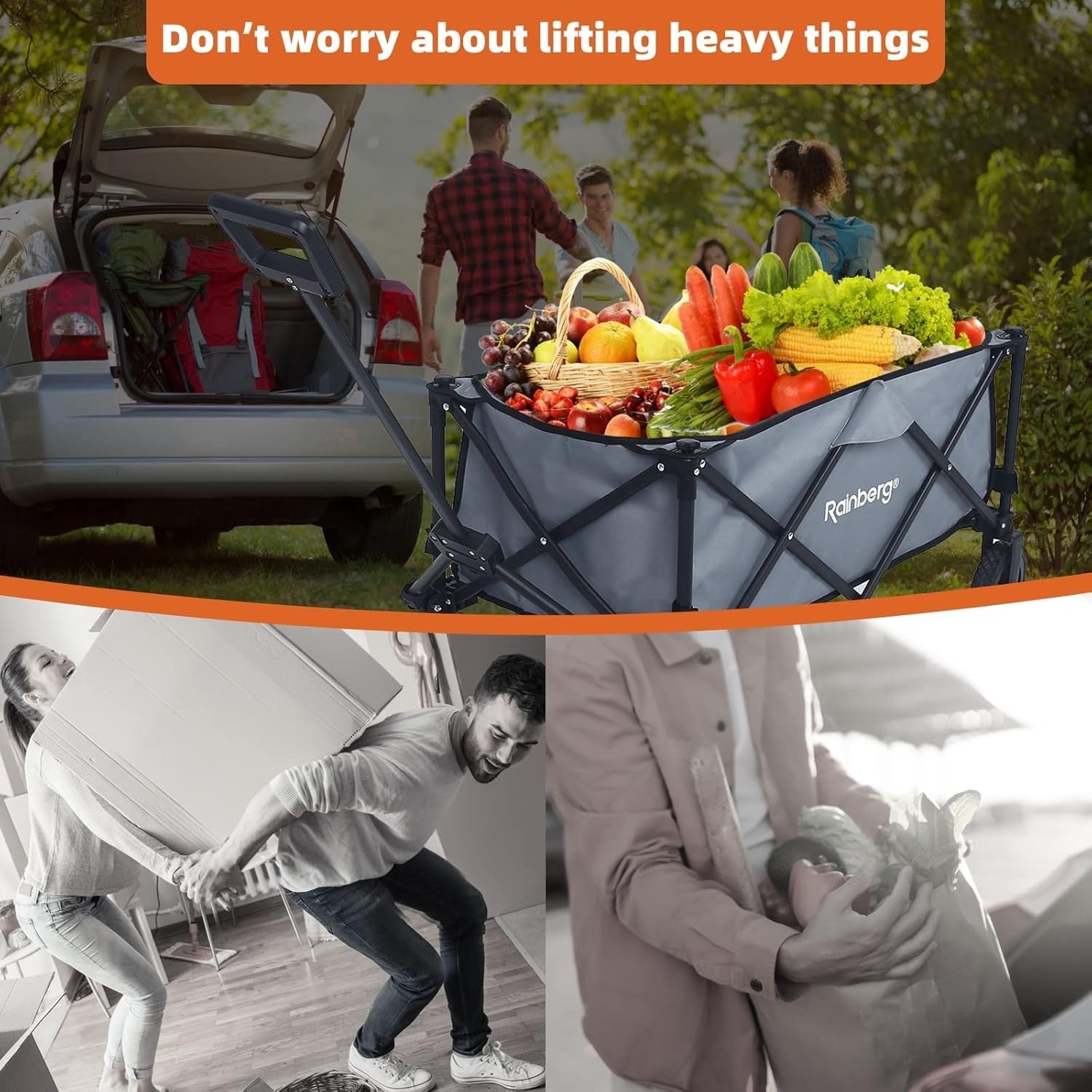 Grey Folding Camping Wagon 120kg Trolley w/ Table Top, Adjustable Handle & Bag