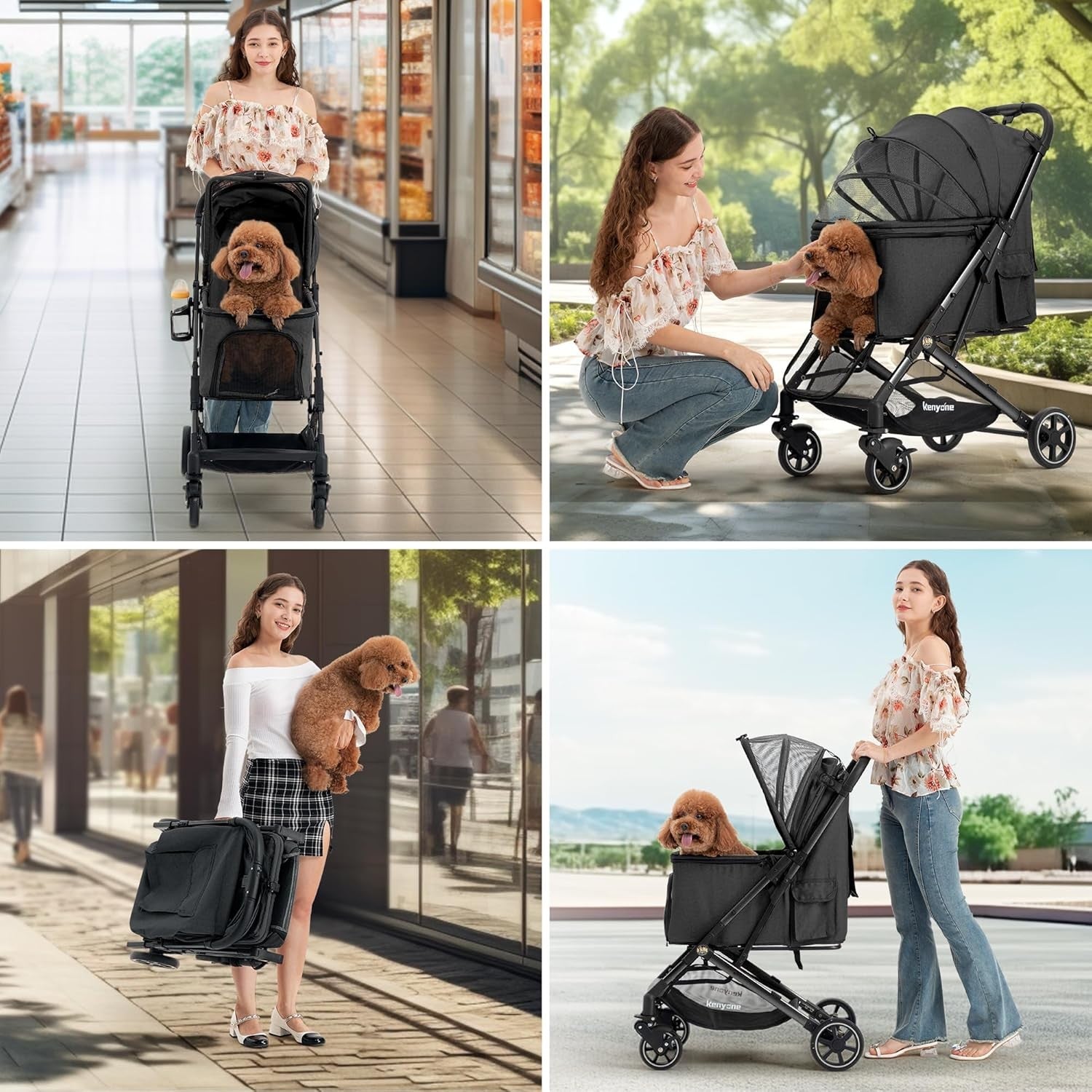 Medium Dog Stroller up to 55lbs No Zip Entry One Click Fold Travel Pram