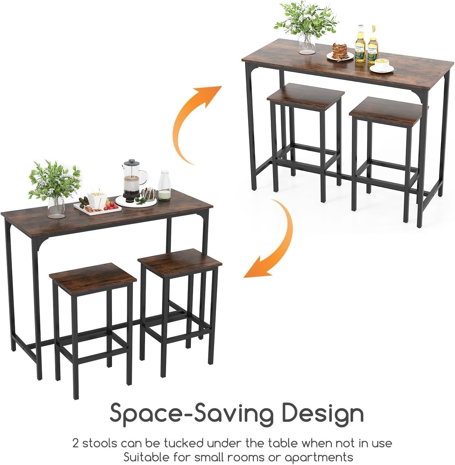 3PCS Coffee+Black Bar Table Set with 2 Stools, Metal Frame Dining Set Furniture