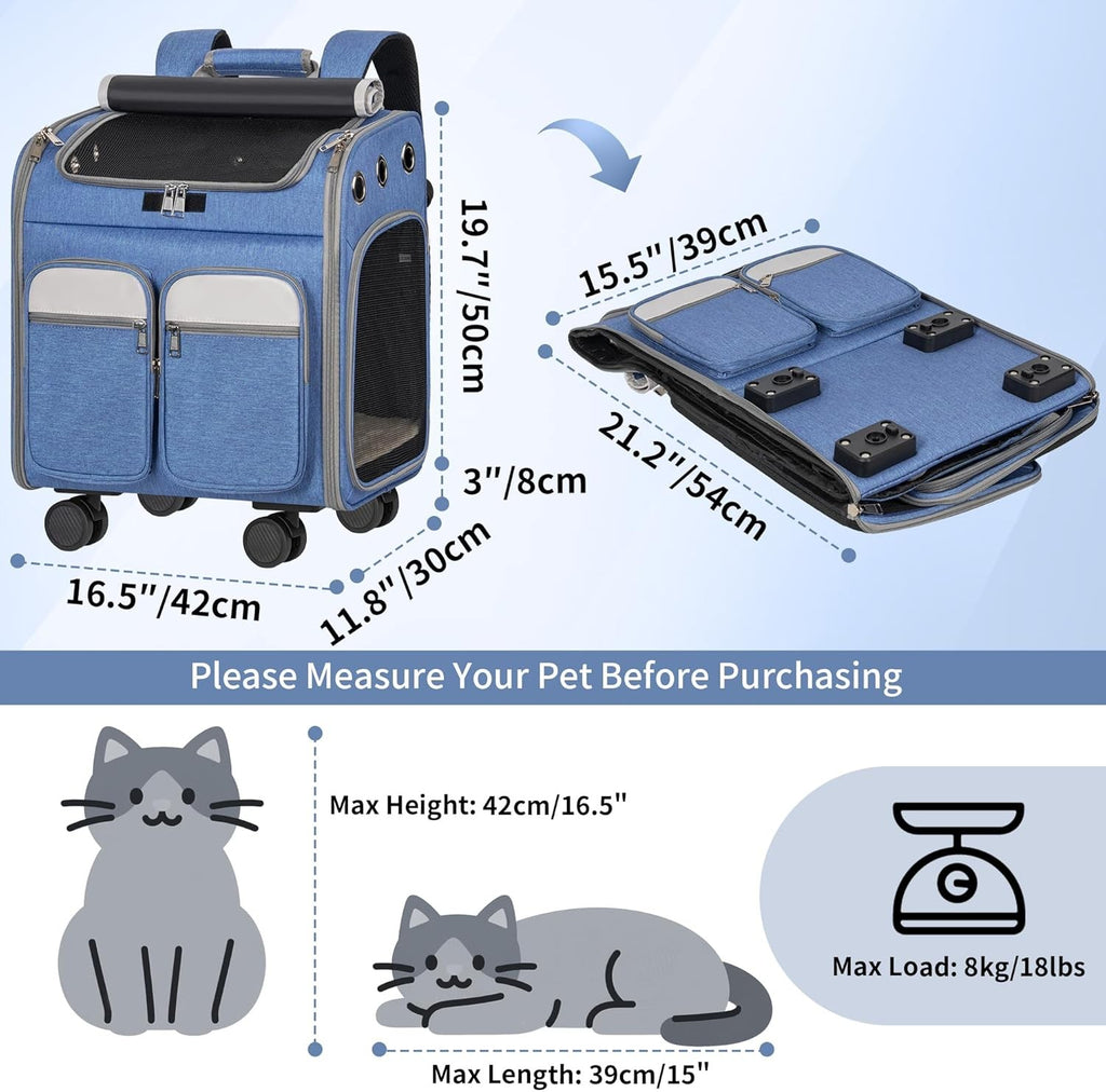 Cat Carrier with Wheels 3-in-1 Backpack Trolley Travel Bag Blue