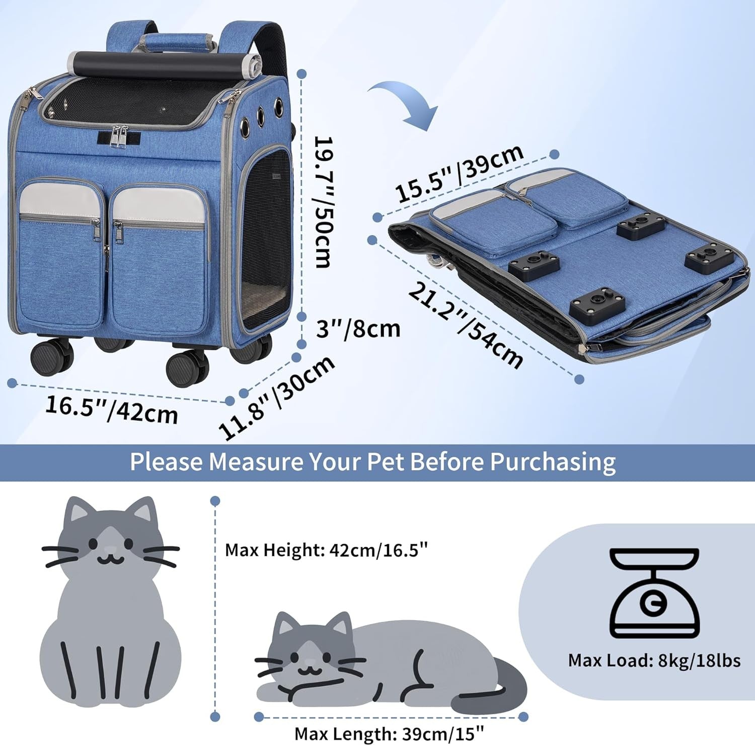 Cat Carrier with Wheels 3-in-1 Backpack Trolley Travel Bag Blue