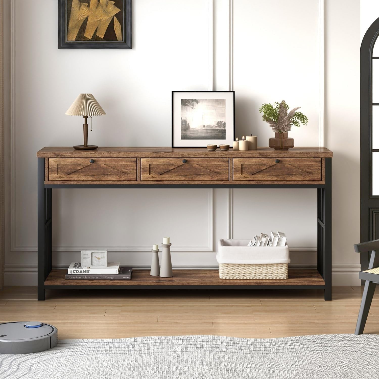 Rustic Entryway Console Table with 3 Drawers & Open Shelf, 140x34x80cm