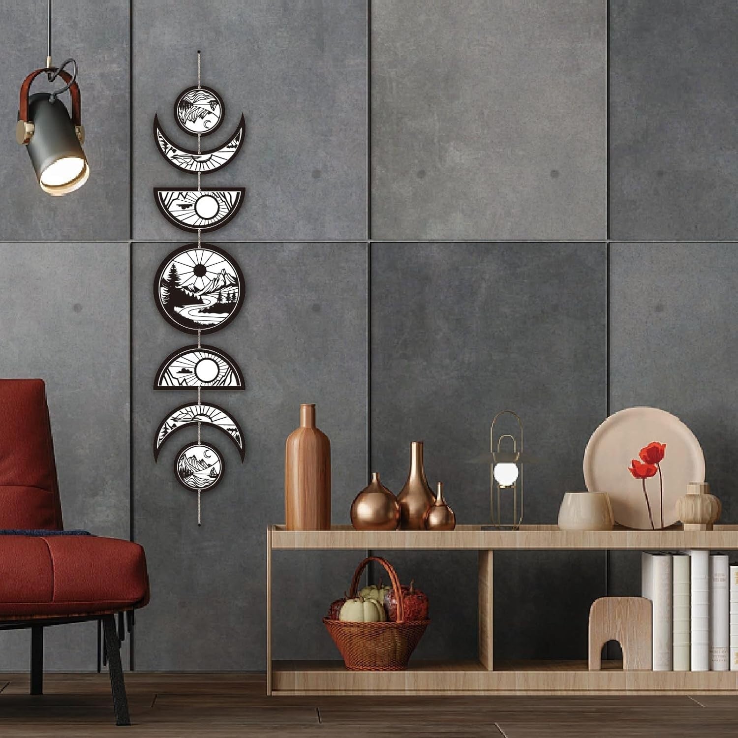 Moon Phase Wall Decor Wooden Boho 7-Piece Hanging Art for living room