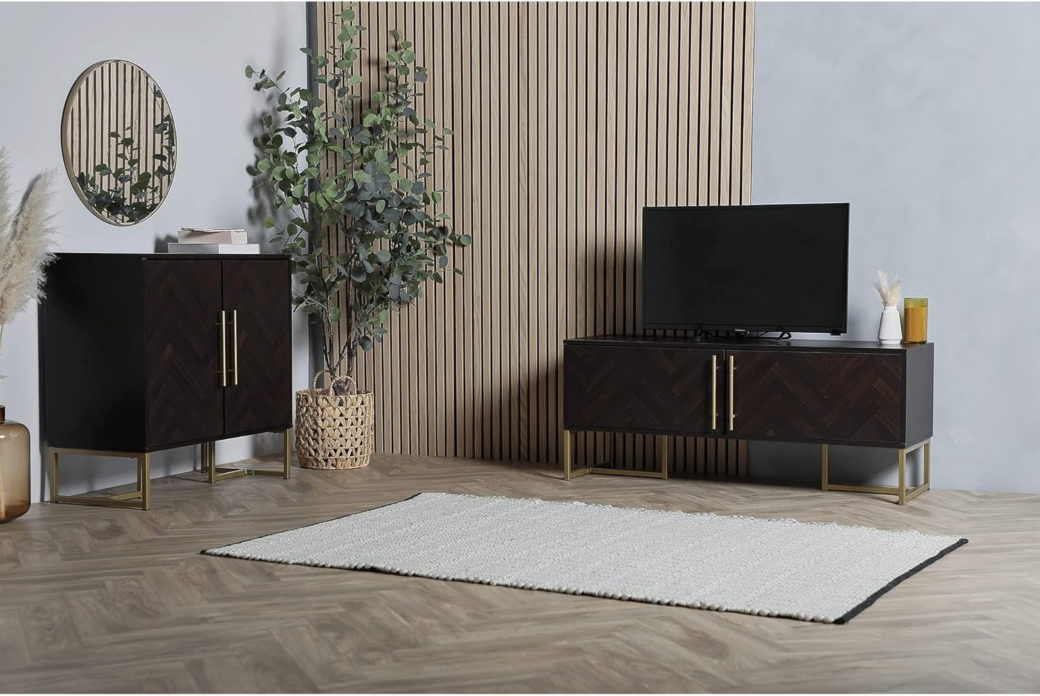 Dark Wood Sideboard Storage Cabinet with Gold Handles, Modern 2-Door Buffet