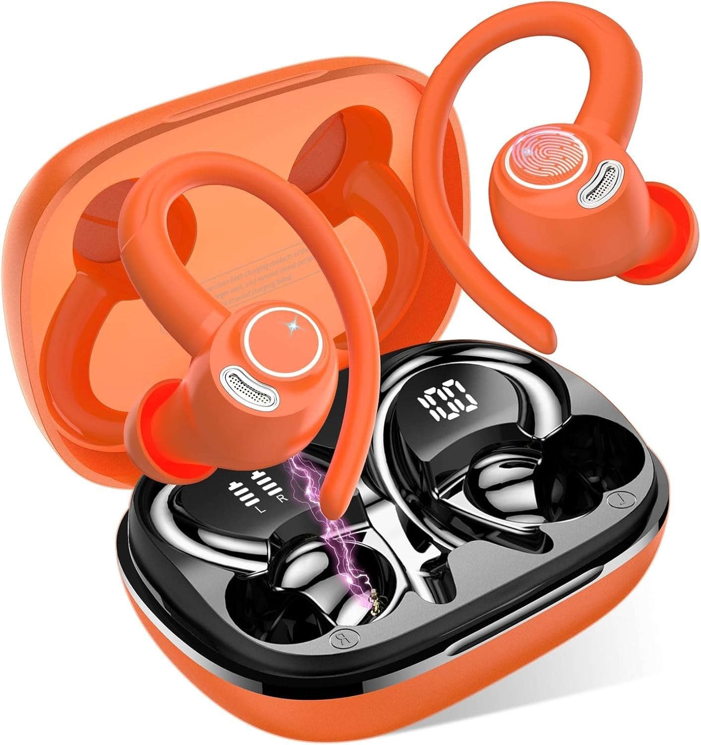 Orange Bluetooth 5.3 Earbuds 40H Playtime ENC Mic LED Display IP7