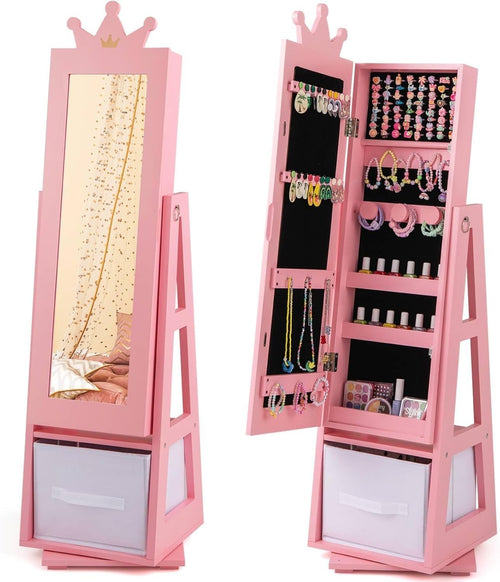 Kids 360° Swivel Jewelry Cabinet Mirror Organizer with Anti Tip Base