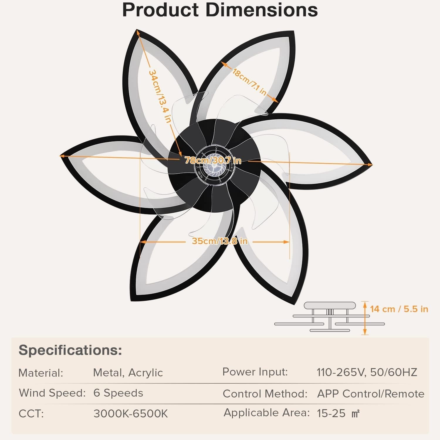 30.7" Ceiling Fan with Light, 6 Speeds, Stepless Dimming, Remote & App Control