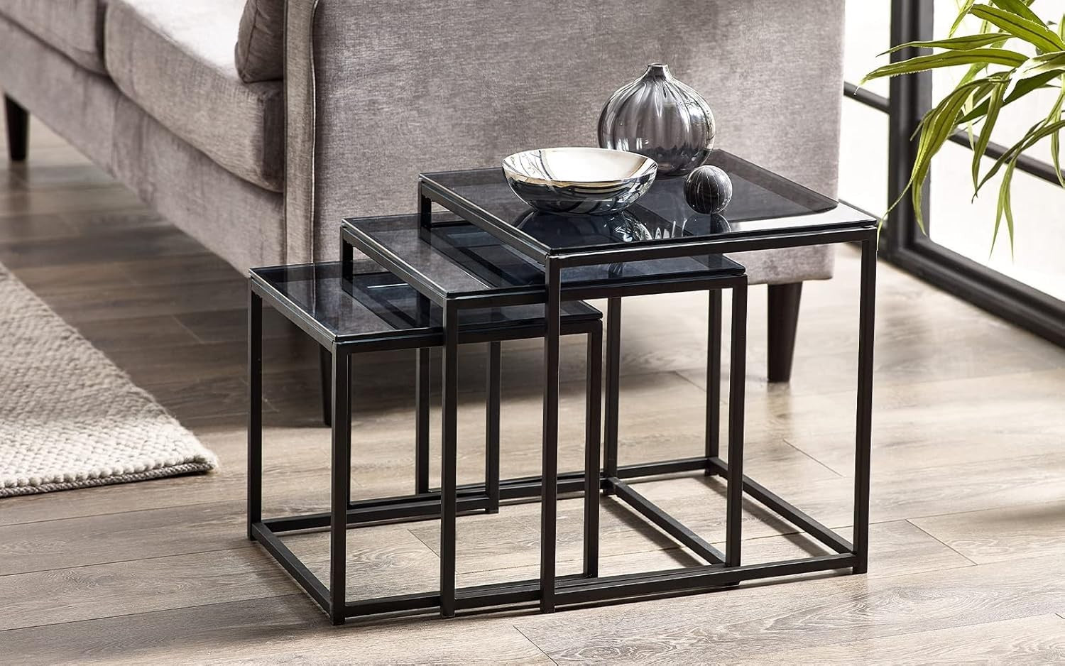 Contemporary Smoked Glass Nest of 3 Tables Set Coffee Side End Modern
