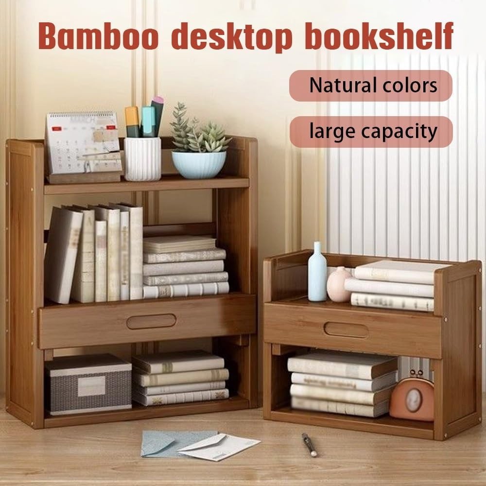 3-Tier Bamboo Desktop Hutch Bookshelf Organizer w/ Drawer 66cm