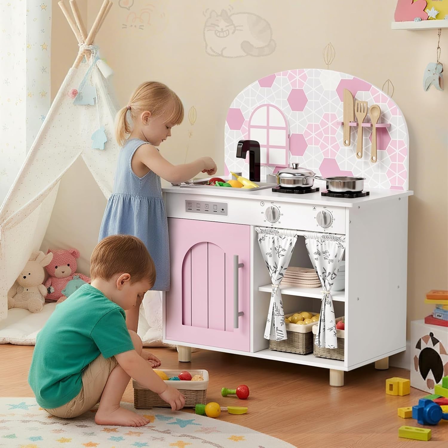 Kids Wooden Play Kitchen w/ Real Sound Stove Pink Toy Set